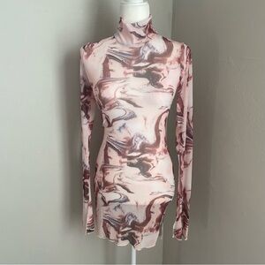 Jessica Bara Marble-Print Mesh Mini Dress with Mock Neck - Pink & Brown